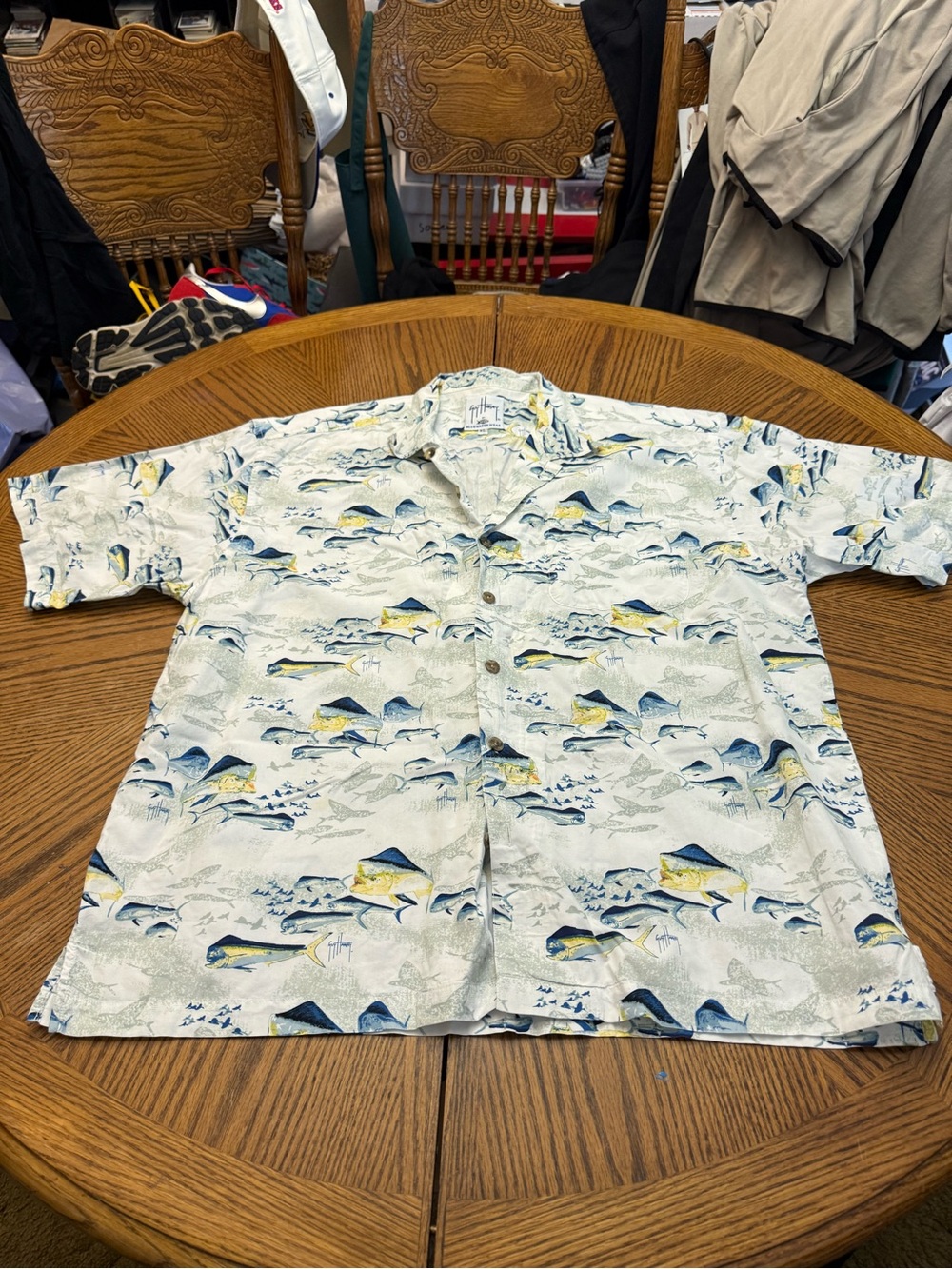Guy Harvey White Blue Yellow Fish Print Short-Sleeve Button Shirt